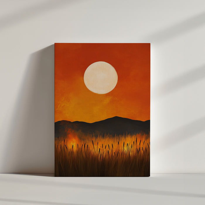 Vibrant sunset wall art print featuring a large white full moon illuminating reeds and grasses in warm orange and yellow tones, perfect for natural wall decor