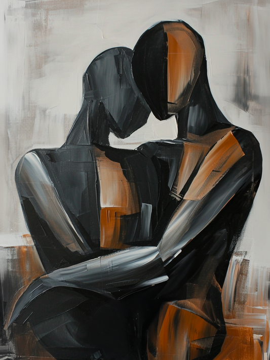 toile effet peinture, représentation couple, amour, couleur marron et noir, sur fond blanc, .