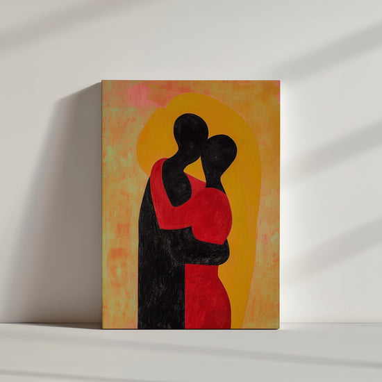 Romantic abstract couple canvas painting in vibrant red, black, and yellow
