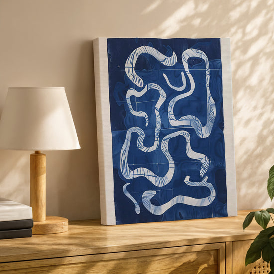 Deep blue abstract wall art with flowing, sinuous curves