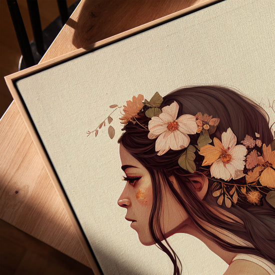Toile femme couronne de fleurs pour salon cadre chêne doré