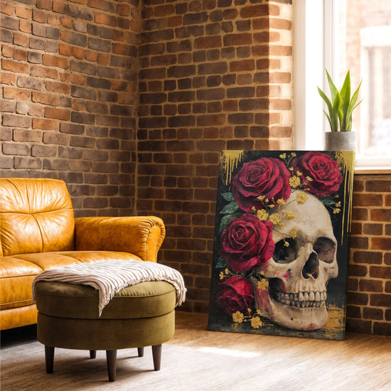 Tableau crâne roses rouges fond doré baroque moderne salon industriel mur brique fauteuil cuir camel