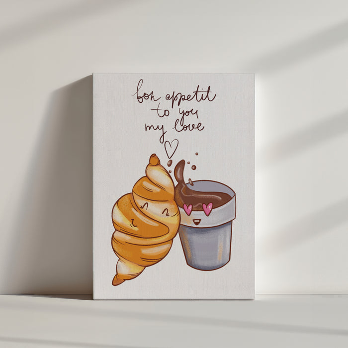 Une illustration d'un croissant et d'un chocolat chaud qui se font un câlin. Une inscription est écrite au-dessus : " bon apetit to my love".