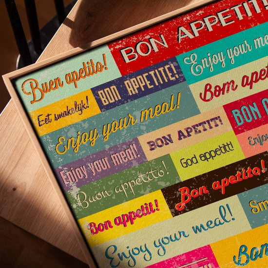 Multilingual "Bon Appetit" typography wall art for vintage kitchen decor