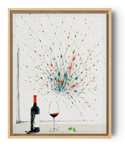 Tableau cuisine bouteille et verre de vin avec éclaboussures colorées style moderne abstrait