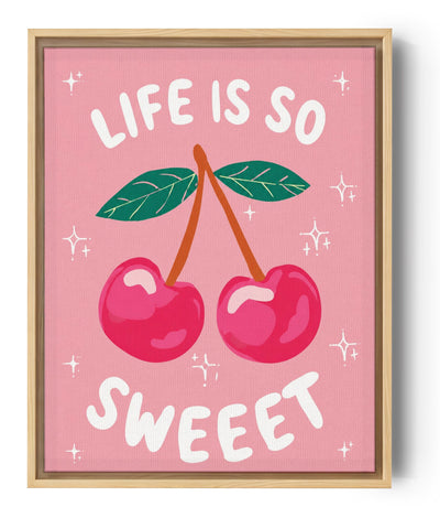 Pink cherry kitchen print on blush background with twinkling stars, Life is so sweet