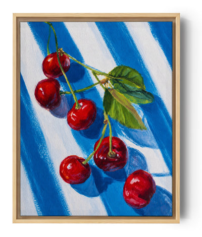 Cherry canvas print for kitchen decor, realistic red fruit on blue-and-white stripes
