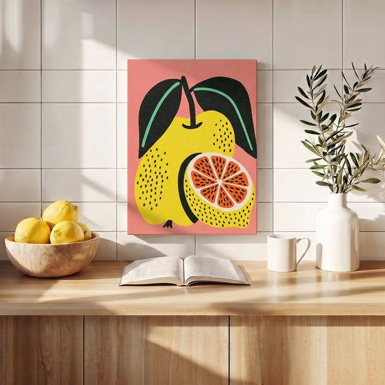 Tableau cuisine citron stylisé jaune orange fond corail décoration murale moderne colorée