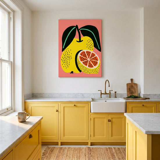 Tableau cuisine citron stylisé jaune orange fond corail, décoration murale moderne graphique pop art