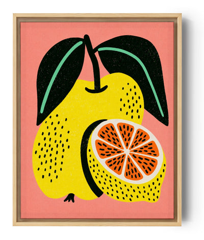 Citroen pop-art canvas op koraalroze achtergrond, kleurrijke keukendecoratie