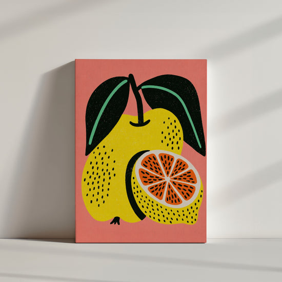 Tableau cuisine citron stylisé jaune orange corail, toile texturée ambiance minimaliste épurée