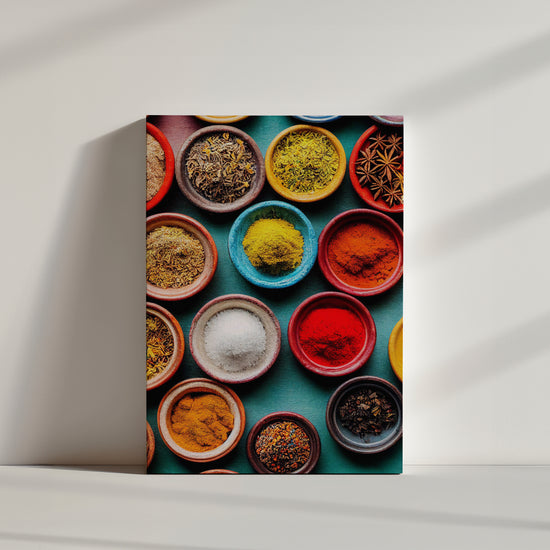Un tableau cuisine qui représente une photo. Sur la photo une table bleu turquoise avec des petits bols remplis d'épices culinaires, Des épices jaunes, rouges du sel, de l'anis étoilé et des autres herbes dispose en colonne.