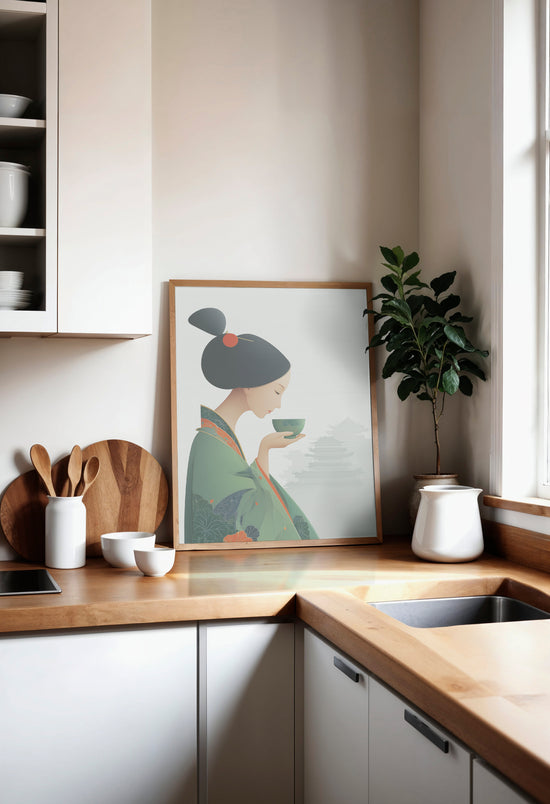 Modern kitchen decor featuring Japanese geisha wall art in a green kimono, sipping tea on a countertop with utensils and oranges