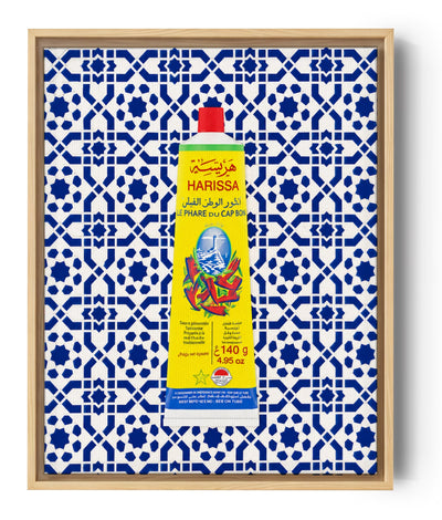 Wandbild Harissa mit kobaltblauem Zellige, mediterranes Pop-Art-Motiv
