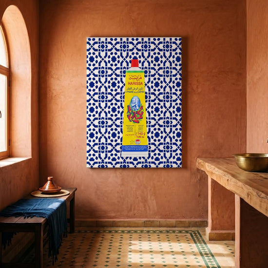 Tableau cuisine Harissa zellige bleu pop art méditerranéen pour décoration murale salle à manger moderne