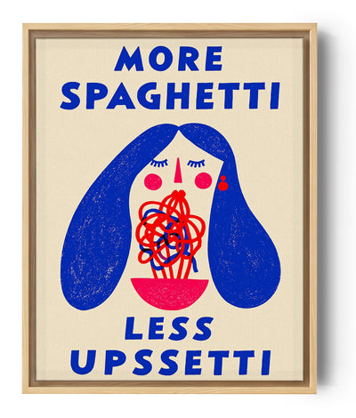 Tableau cuisine humoristique More Spaghetti Less Upssetti bleu rouge beige style pop art rétro