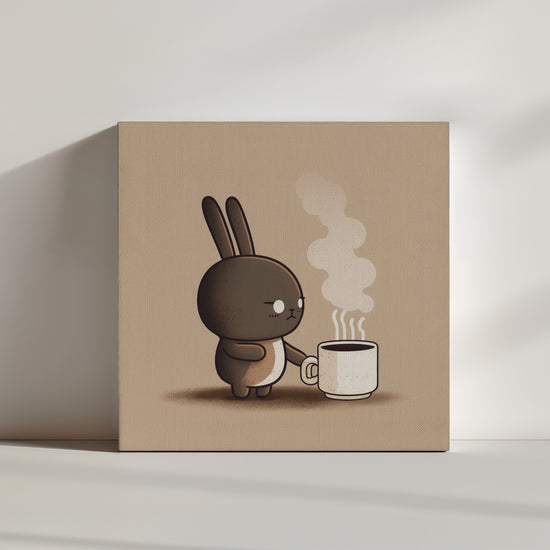 Minimalist Japanese kitchen art print with a mischievous brown rabbit caught off guard by the heat of a coffee cup on a taupe backdrop; funny, lively scene