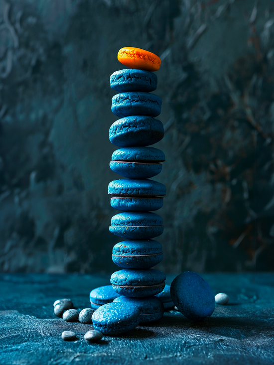 Pile de macarons bleus et orange sur fond abstrait bleu-gris.