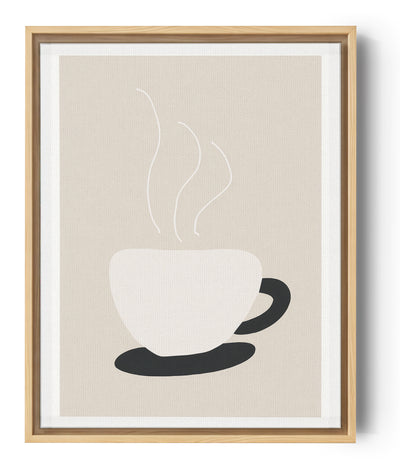 Minimalist coffee cup canvas for kitchen decor, steam rising, black and white on neutral beige
