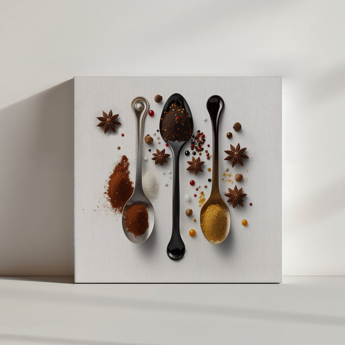 un tableau pour cuisine moderne, sur ce tableau une photo de trois cuillères, argent, or et noire mate sont alignées, chaque cuillère parsemée d'un petit tas d'épices orientales et des étoiles d'anis les entourent.