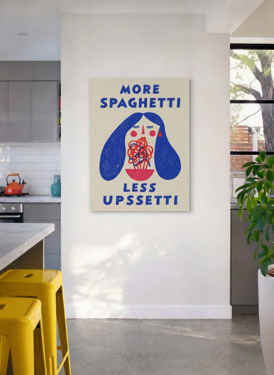Tableau cuisine humoristique More Spaghetti Less Upssetti pop art rétro bleu rouge pour décoration murale