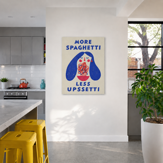Cuadro divertido 'More Spaghetti Less Upsetti' estilo pop art retro en azul y rojo para decoración de pared