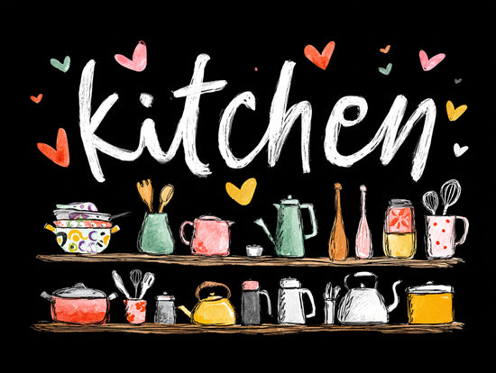 Cute vector art of colorful kitchen utensils on shelves with hearts and 'Kitchen' in white letters, black background, hand-drawn, high-resolution kitchen wall art