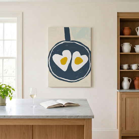 Tableau cuisine œufs au plat poêle bleu marine décoration murale moderne art culinaire