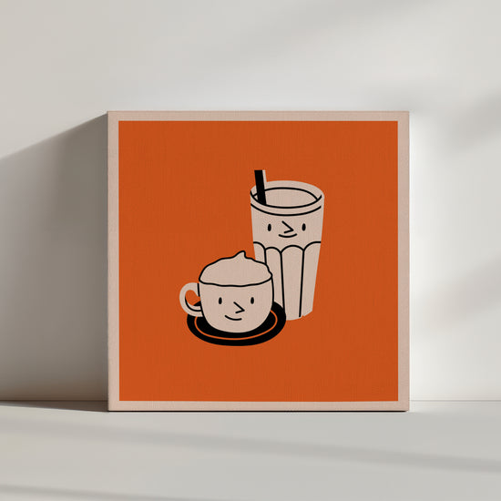 Un tableau cuisine moderne avec une  illustration sur fond orange de deux petites tasses mignonnes qui sourit