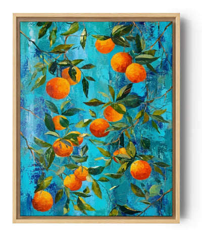 Tableau cuisine oranges et feuillages sur fond bleu turquoise style art contemporain