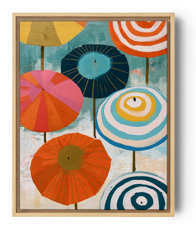 Tableau cuisine parasols colorés motifs géométriques jaune orange bleu déco murale moderne