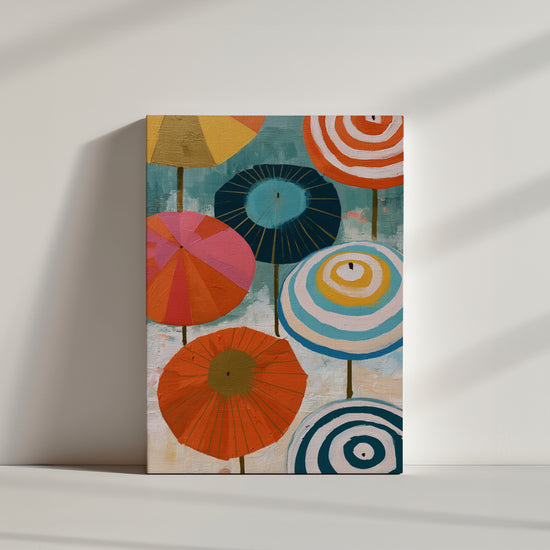 Tableau cuisine parasols colorés motifs géométriques jaune orange bleu ambiance minimaliste épurée