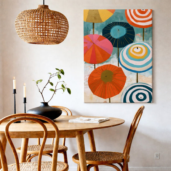 Tableau cuisine parasols colorés motifs géométriques pour décoration murale salon salle à manger moderne