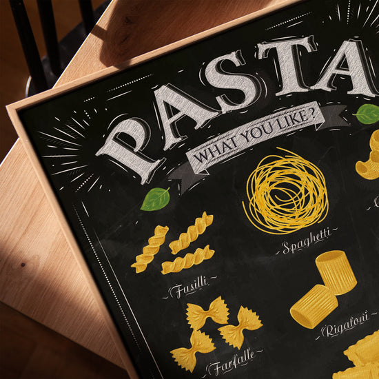 Italian pasta chart chalkboard print (fusilli, spaghetti) for industrial kitchen wall decor
