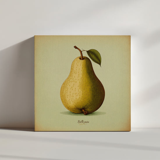 Tableau cuisine, Tableau poire jaune dessiné main. Des belles formes arrondies et des couleurs vibrantes apportent vitalité et générosité. La poire est surmontée d'une belle feuille verte attachée à sa tige, signe d'élégance et rappel son lien avec le poirier. Le fond du tableau est de couleur vert pomme. Le tableau est signé "Belle poire" de façon manuscrite