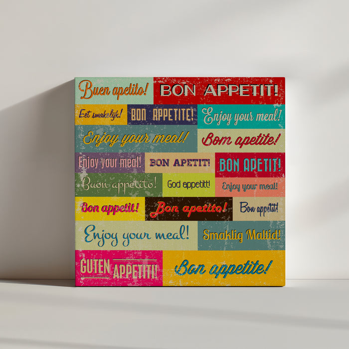 Vintage "Bon Appetit" poster in multiple languages with weathered texture, warm retro kitchen wall decor