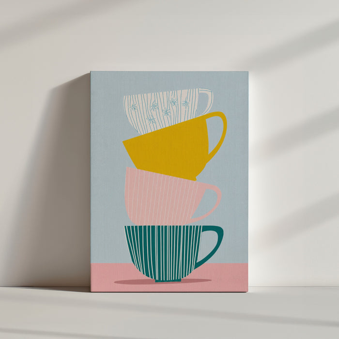 Tableau cuisine tasses empilées colorées style scandinave pour décoration coin café ambiance minimaliste