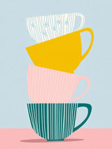 Tableau cuisine tasses empilées colorées motifs rayés jaune rose bleu style scandinave moderne
