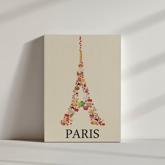 Sur un fond jaune pastel, ce tableau de cuisine est un véritable hommage à la gastronomie française. On y retrouve des dizaines d'illustrations de patisseries, de viennoiseries et de monuments de Paris qui s'assemblent pour former une Tour Eiffel. Cette œuvre colorée et délicate