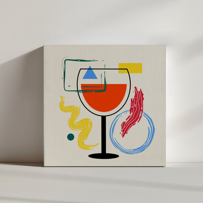 Modern kitchen canvas print with a black wine glass on an orange background, accented by geometric shapes