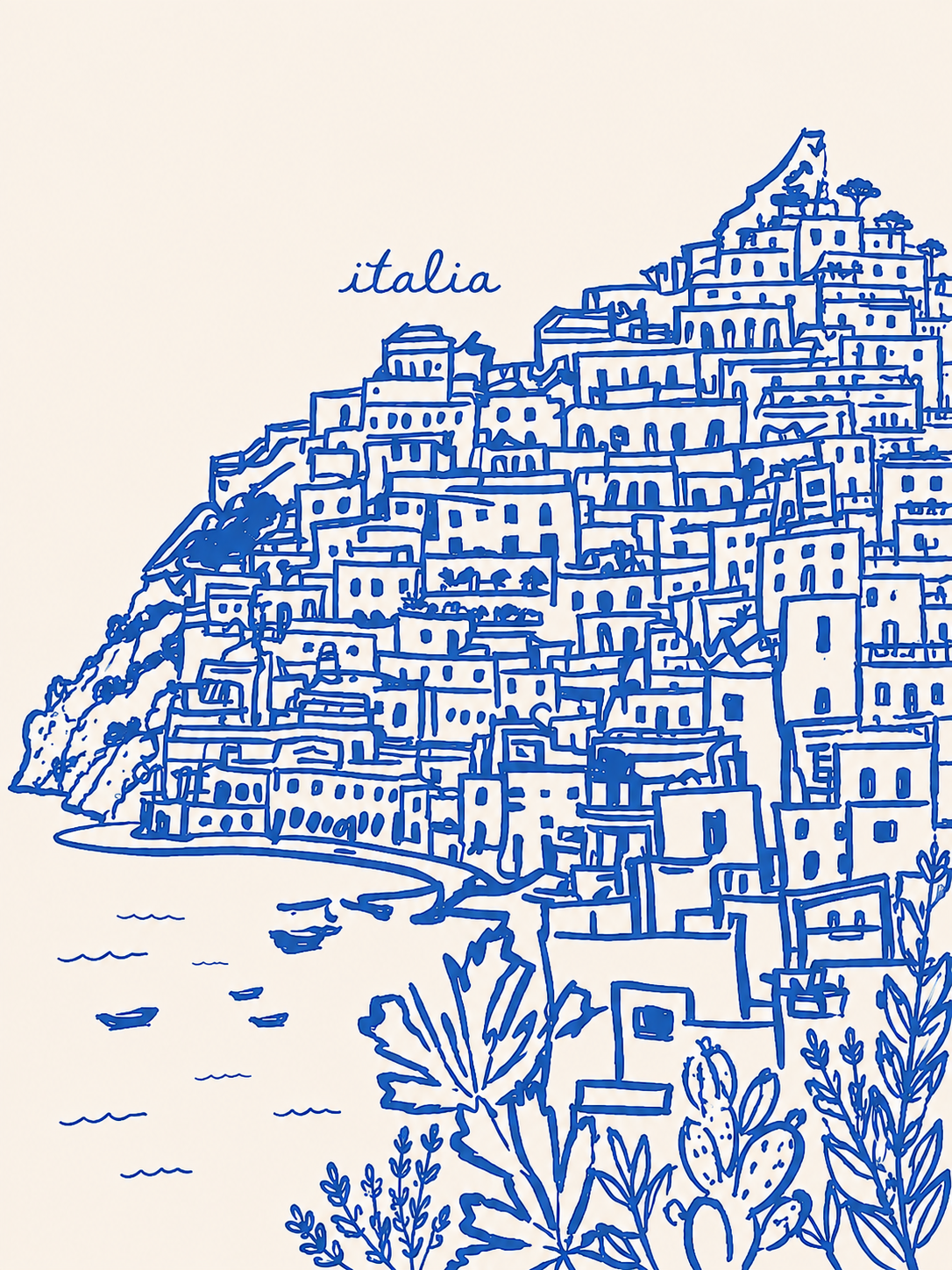 Tableau sur toile Positano - Village italien et côte amalfitaine dessinés