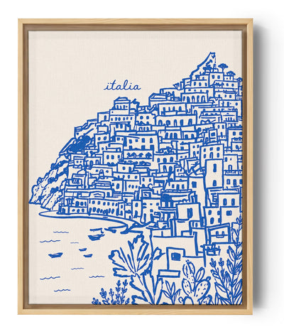 Tableau cuisine village italien bleu et beige style illustration Positano art mural décoratif