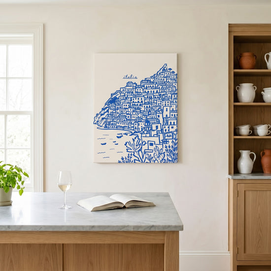 Tableau cuisine village italien Positano bleu et beige style illustration pour décoration murale cuisine moderne