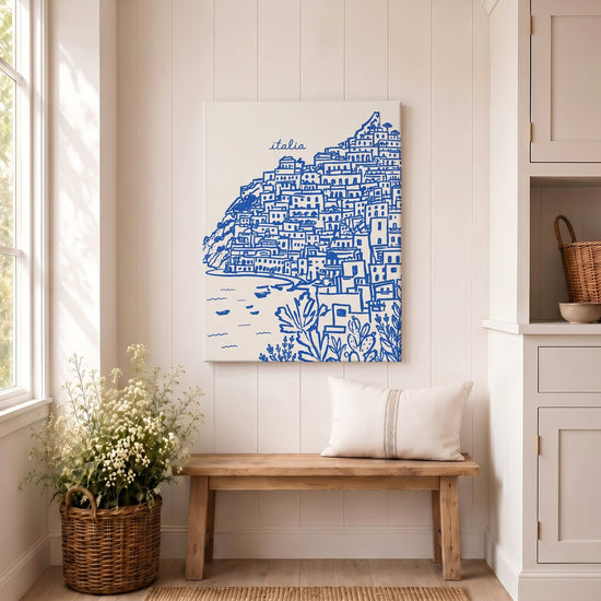 Tableau cuisine village italien Positano bleu beige illustration décorative pour cuisine moderne