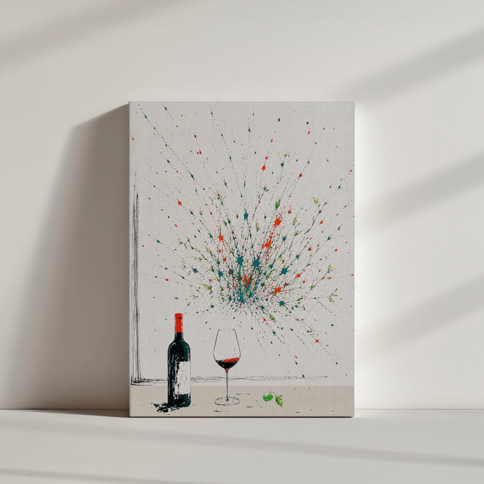 Tableau cuisine bouteille vin éclaboussures colorées abstrait posé au sol ambiance minimaliste lumineuse