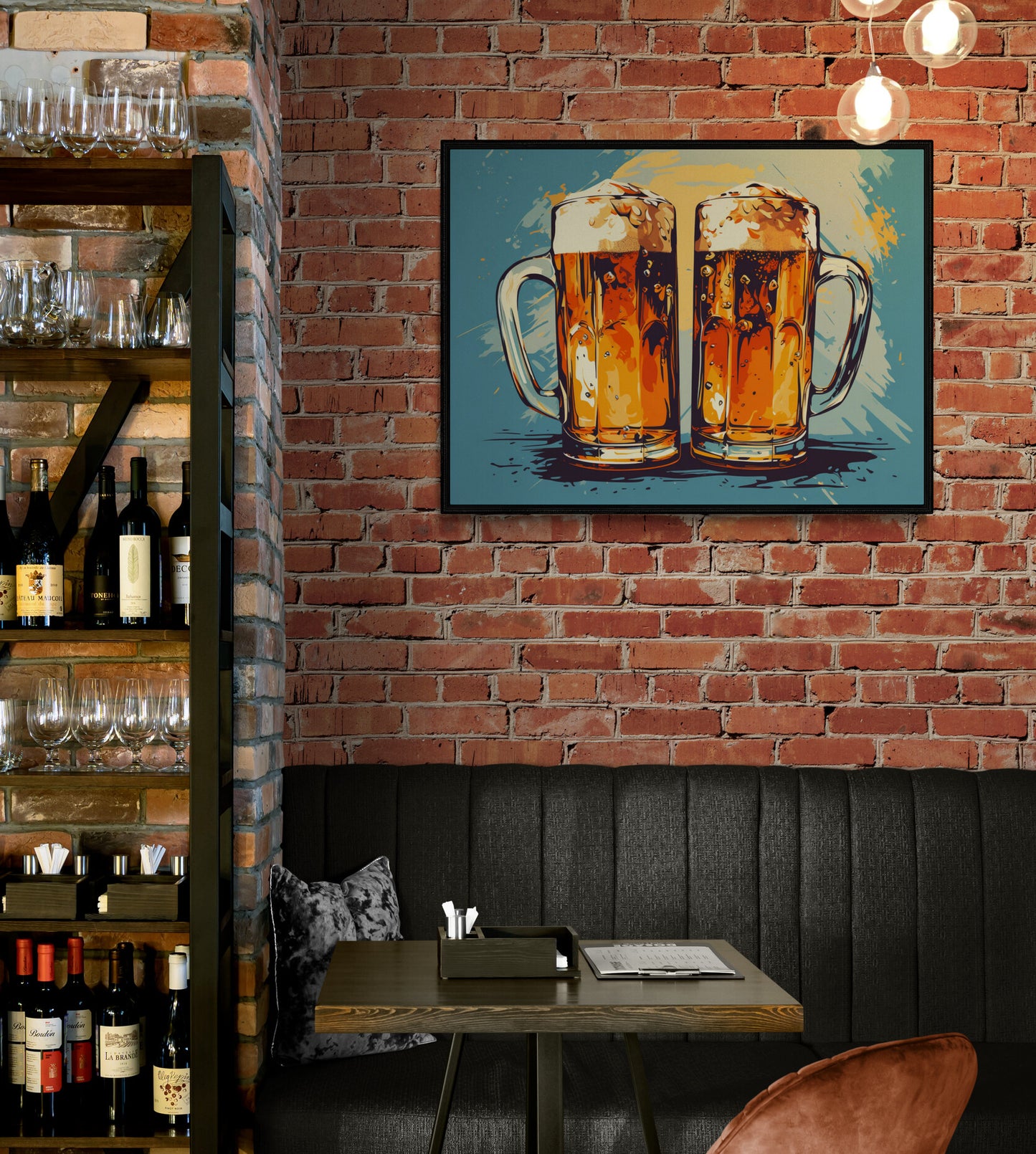 Tableau de bière sur mur de briques, ambiance bistro chic.