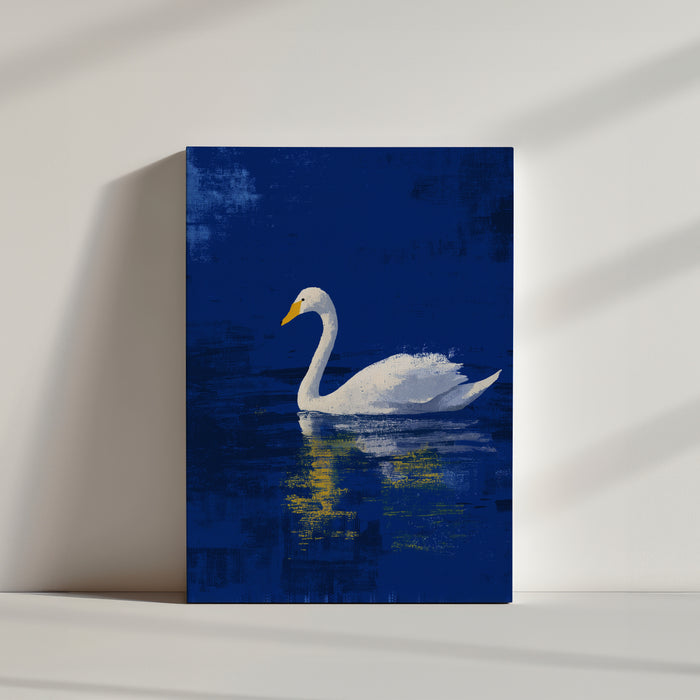 White swan canvas wall art for living room, deep blue lake background with subtle golden reflections