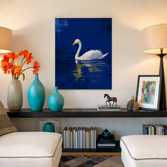 Swan canvas for bedroom decor, calm white bird on navy blue lake, quiet contemporary wall art