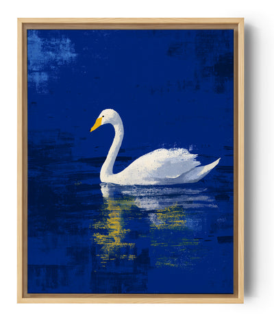 Cuadro cisne blanco sobre fondo azul profundo con reflejos dorados estilo contemporáneo texturizado