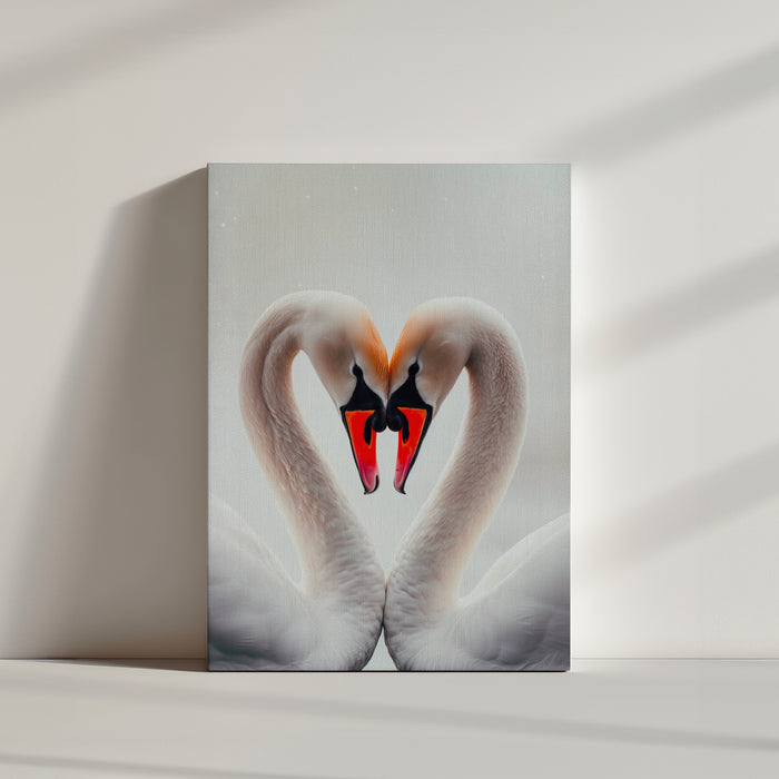 Two swans forming a heart with their necks and heads touching; soft, blurred background in white and cream tones